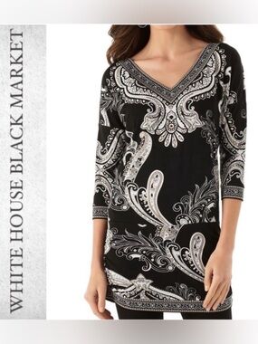 White House Black Market Black and White Paisley Tunic | Sz S